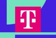 T-Mobile logo centered on a vibrant background of magenta, teal, and blue geometric shapes.
