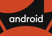 The white Android logo centered on a black and burnt orange geometric background.