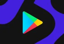 Colorful Google Play logo centered against an abstract blue and black background