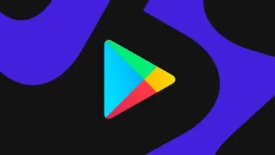 Colorful Google Play logo centered against an abstract blue and black background
