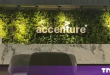 Accenture corporate office reception featuring a glowing logo mounted on a lush green living wall.