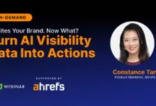 Webinar slide featuring Constance Tan from Ahrefs with text Turn AI Visibility Data Into Actions.