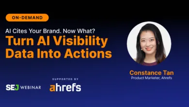 Webinar slide featuring Constance Tan from Ahrefs with text Turn AI Visibility Data Into Actions.