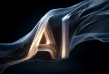 Glowing metallic AI text formed by dynamic flowing threads against a dark background