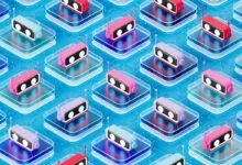 Isometric pattern of colorful AI agent bots resting on glass circuit board platforms.