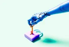 A sleek blue robotic hand holds a golden key, unlocking a light purple padlock on a pale green background.