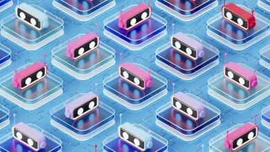 An isometric 3D render of a grid pattern featuring colorful AI chatbot assistant avatars on glass blocks.
