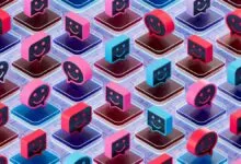 Isometric grid of colorful AI chatbot icons with smiling faces on a digital circuit board