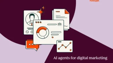 HubSpot graphic illustrating AI agents for digital marketing with charts, profiles, and data icons.