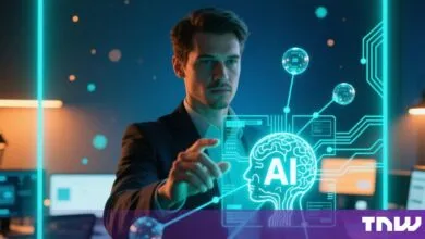 A man in a suit interacts with a glowing digital AI brain interface in a futuristic office.