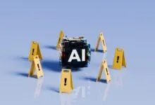 An AI cube surrounded by yellow caution signs with exclamation marks on a light blue background.
