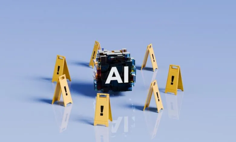 An AI cube surrounded by yellow caution signs with exclamation marks on a light blue background.