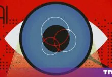 Digital illustration of a giant eye featuring a blue iris, a black pupil, and AI text on a red background.