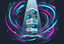 A glowing central pillar representing verified journalism surrounded by swirling neon light rings.