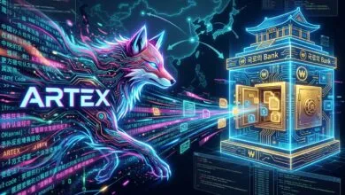 Neon cyber wolf rushing toward a futuristic digital bank vault with binary code streams.