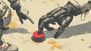 A human hand and a robotic hand reaching toward a single red button on a textured, neutral background.