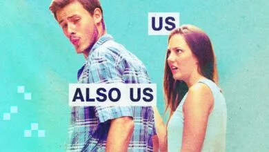 A man in a plaid shirt looks back while a disapproving woman stares, featuring text overlays 'US' and 'ALSO US'.