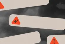 Emergency alert banners with warning and AI sparkle icons float against a dark, stormy sky background.