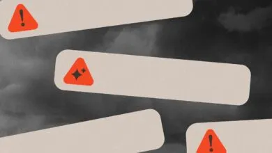 Emergency alert banners with warning and AI sparkle icons float against a dark, stormy sky background.