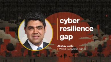 Akshay Joshi of the World Economic Forum against a red cyber resilience background.