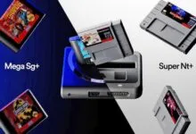 Analogue Mega Sg and Super Nt consoles displayed with classic game cartridges on split background.