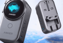Anker Nano 100W Universal Travel Adapter floating against a cloudy sky background