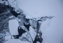 Aerial view of fractured ice sheets and dark ocean water in Antarctica.