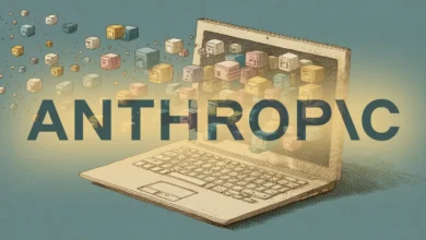 Vintage style illustration of a laptop with colorful cubes floating in and out of the screen, with the text ANTHROPIC overlay.