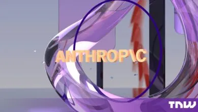 3D render of Anthropic wordmark surrounded by purple glass curves