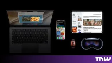 Collection of Apple devices including MacBook, iPhone, iPad, Apple Watch, and Vision Pro on a dark background.