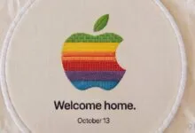 Embroidered classic rainbow Apple logo with the text Welcome home and October 13