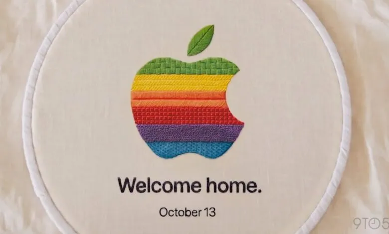 Embroidered classic rainbow Apple logo with the text Welcome home and October 13
