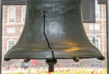 Close-up of the Liberty Bell displaying its famous crack and inscription 'Pass and Stow Philada'