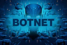 Futuristic blue digital illustration featuring a glowing robotic skull and the word BOTNET.