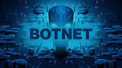 Futuristic blue digital illustration featuring a glowing robotic skull and the word BOTNET.
