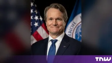 Bank of America CEO Brian Moynihan smiling in a dark suit with US and DHS flags behind him
