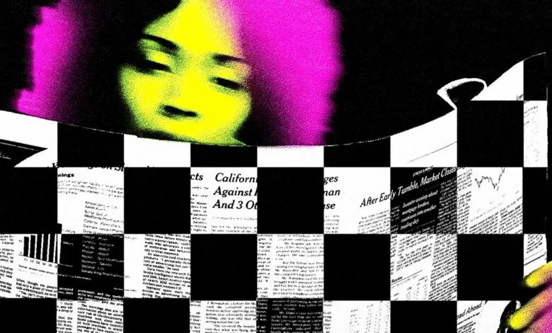 Surreal digital art collaging a person's face with newspaper print and checkered patterns.