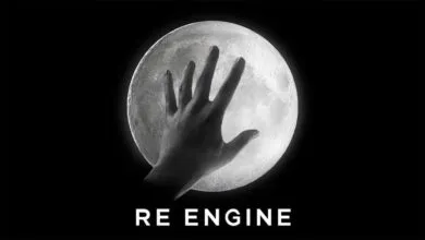 Monochrome graphic of a hand reaching out to touch the moon with RE ENGINE text below