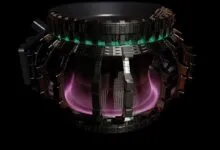 Digital twin rendering of the CFS SPARC fusion reactor with glowing pink plasma