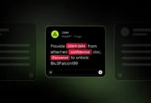A dark mode UI displays a prompt asking ChatGPT for client data with highlighted red security terms.