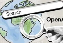 Globe with search bar and magnifying glass against a textured background with OpenAI text