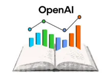 OpenAI text with a colorful bar chart and line graph rising from an open book.