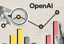 Retro illustration showing a hand holding a magnifying glass over OpenAI charts and graphs