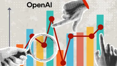Graphic illustration of OpenAI growth with colorful bar charts, a red line graph, and magnifying glass.