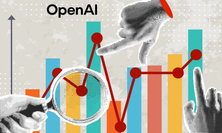 Graphic illustration of OpenAI growth with colorful bar charts, a red line graph, and magnifying glass.