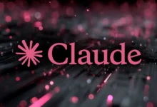 Claude AI logo featuring pink text and a sunburst symbol over a dark, glowing futuristic background.