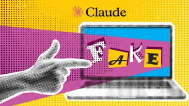 Pop art illustration of a hand pointing at a laptop screen displaying the word FAKE
