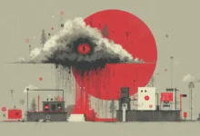 Surreal digital illustration of a stormy cloud with a red eye hovering over an industrial landscape
