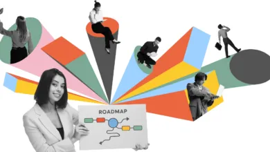Business professionals connected to colorful geometric shapes and a roadmap sign