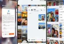 Three smartphones displaying various user interface screens with apps and photo galleries.